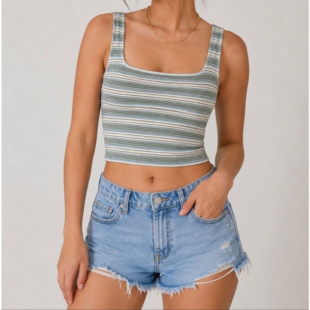 American Eagle Striped Ribbed Crop Tank Top XS Green Square Neck Y2K